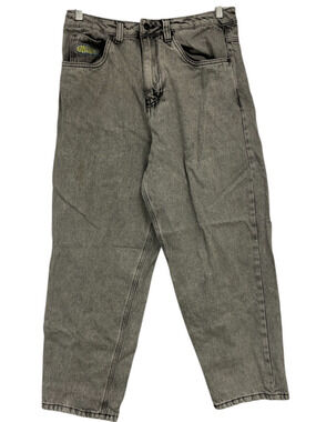 Empire Y2K Baggy Jeans Womens Size 30 Gray Denim Stretch Drawstring Embroidered